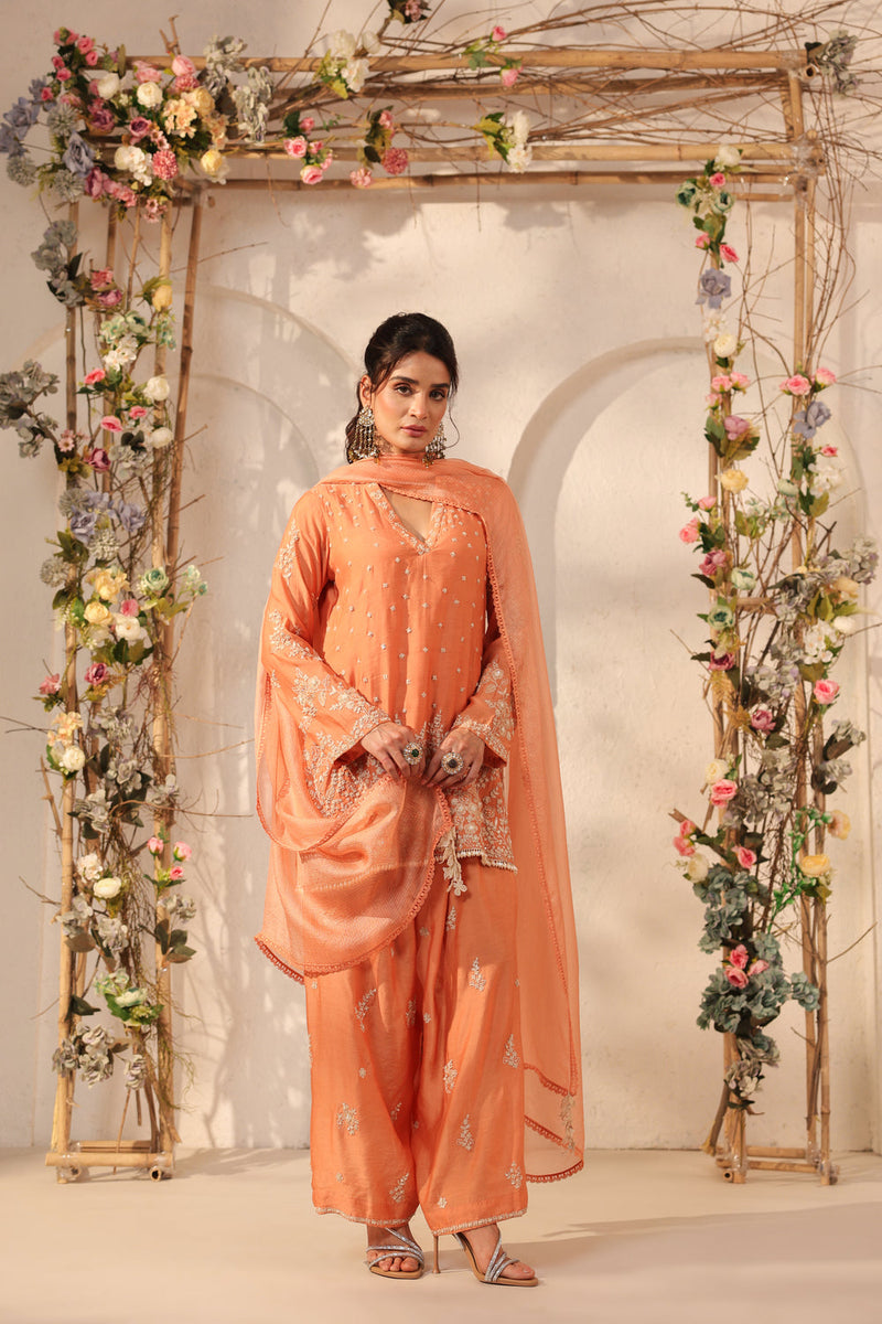 Vaayu Orange Heavy Short Kurta Set modal silk kurta/kurta set by Niti Bothra in orange for women in Singapore