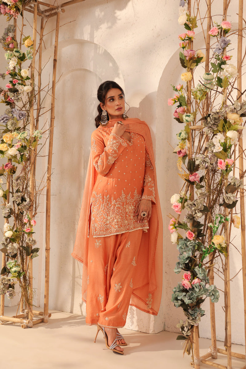 Vaayu Orange Heavy Short Kurta Set modal silk kurta/kurta set by Niti Bothra in orange for women in Singapore