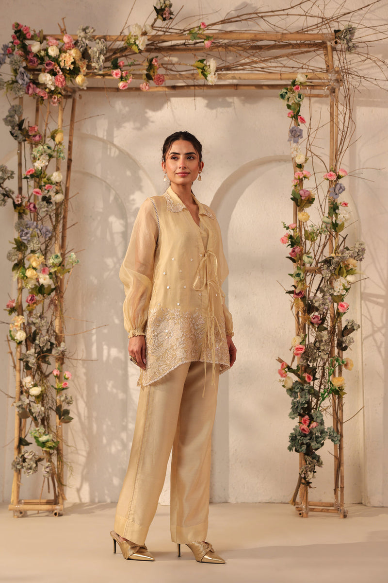Vaayu Beige Jacket Co-ord Set organza , silk tencel kurta/kurta set by Niti Bothra in beige for women in Singapore