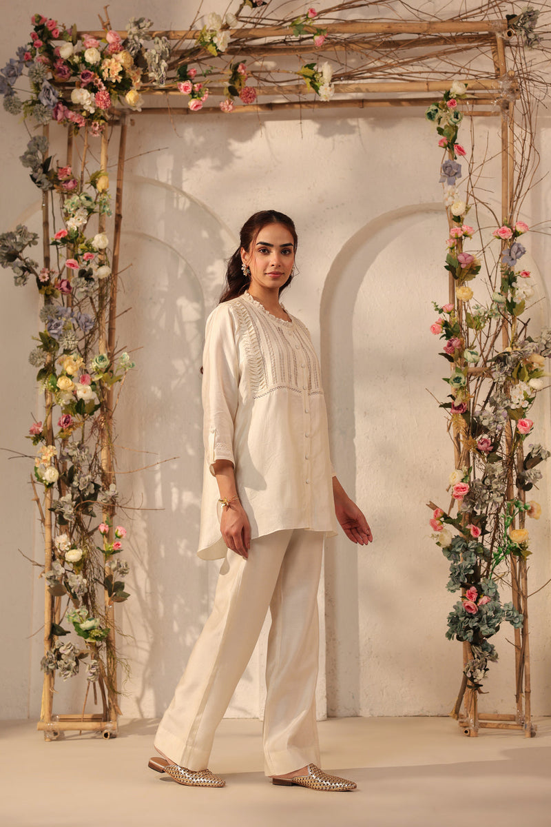Vaayu Ivory Pintuck co-ord Set silk tencel kurta/kurta set by Niti Bothra in ivory for women in Singapore