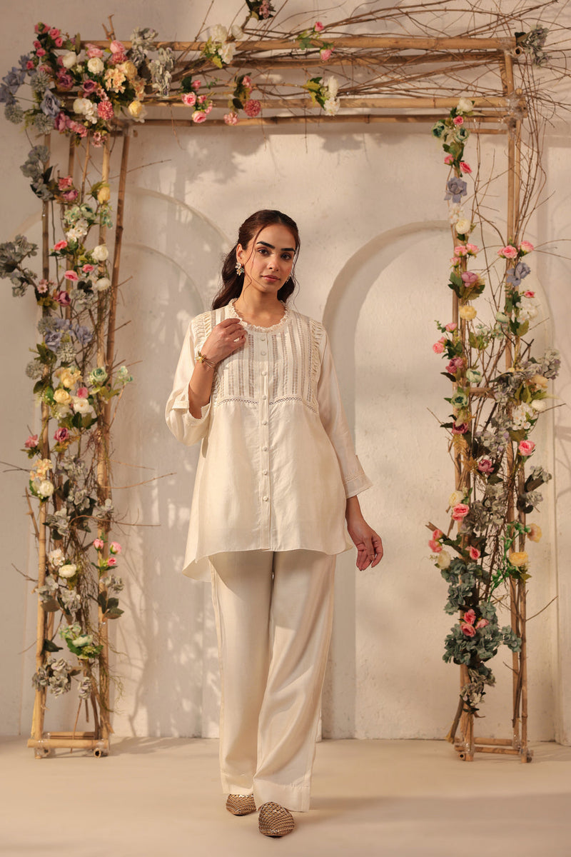 Vaayu Ivory Pintuck co-ord Set silk tencel kurta/kurta set by Niti Bothra in ivory for women in Singapore