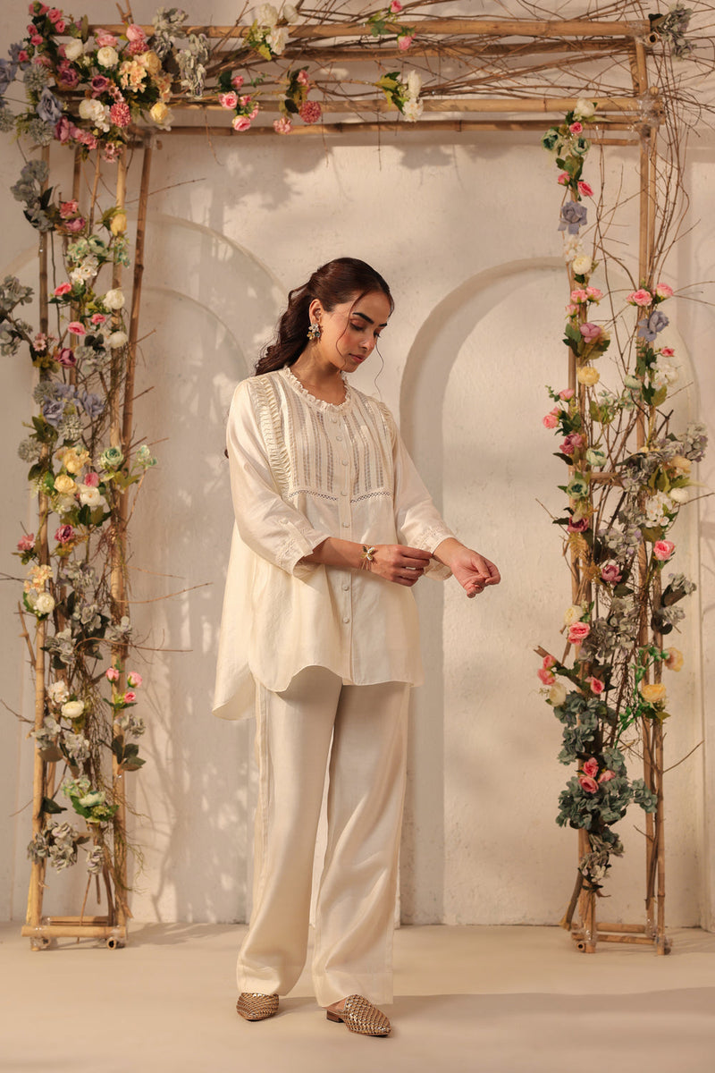 Vaayu Ivory Pintuck co-ord Set silk tencel kurta/kurta set by Niti Bothra in ivory for women in Singapore