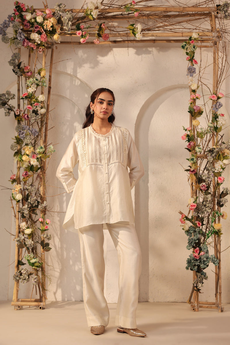 Vaayu Ivory Pintuck co-ord Set silk tencel kurta/kurta set by Niti Bothra in ivory for women in Singapore