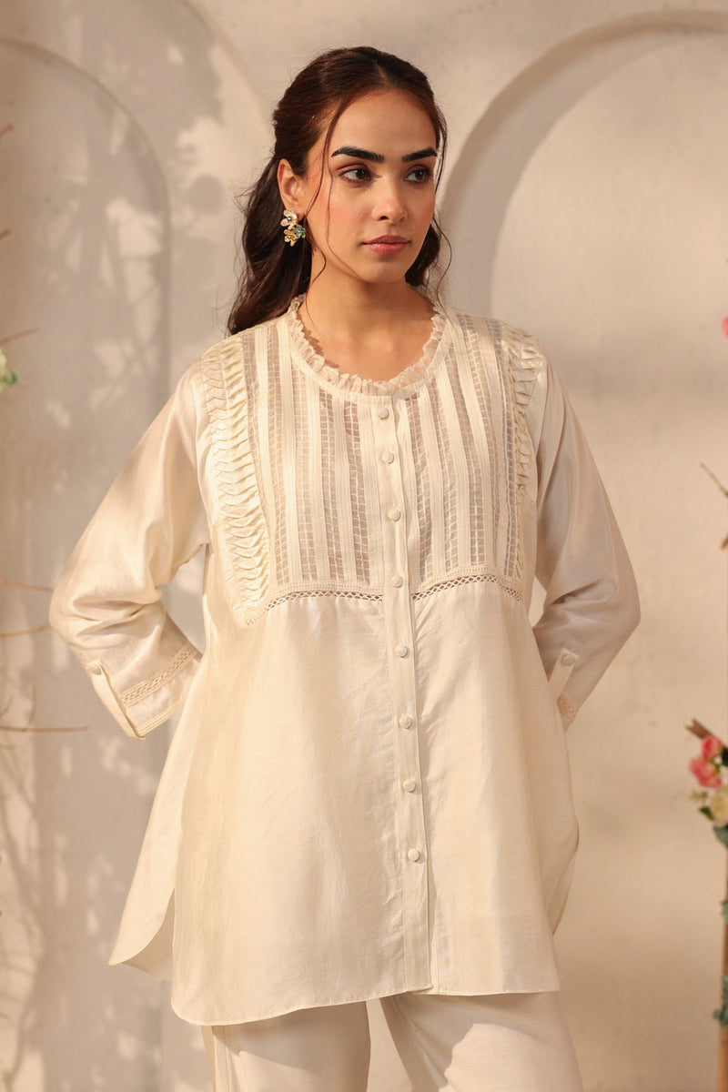 Vaayu Ivory Pintuck co-ord Set silk tencel kurta/kurta set by Niti Bothra in ivory for women in Singapore