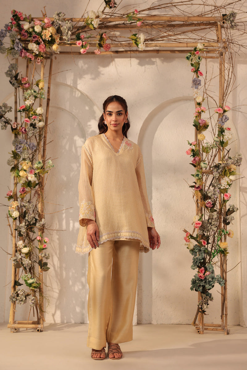 Vaayu Beige Applique Co-ord Set silk chanderi , silk tencel kurta/kurta set by Niti Bothra in beige for women in Singapore