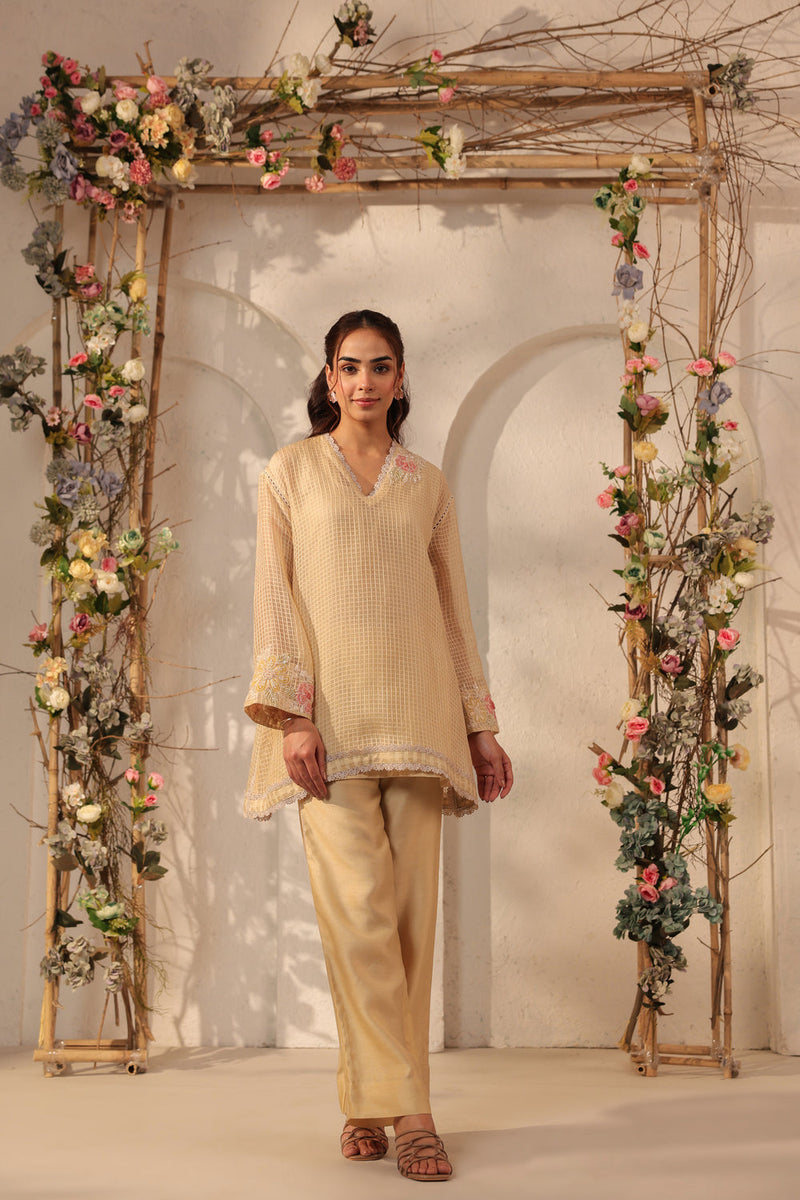Vaayu Beige Applique Co-ord Set silk chanderi , silk tencel kurta/kurta set by Niti Bothra in beige for women in Singapore