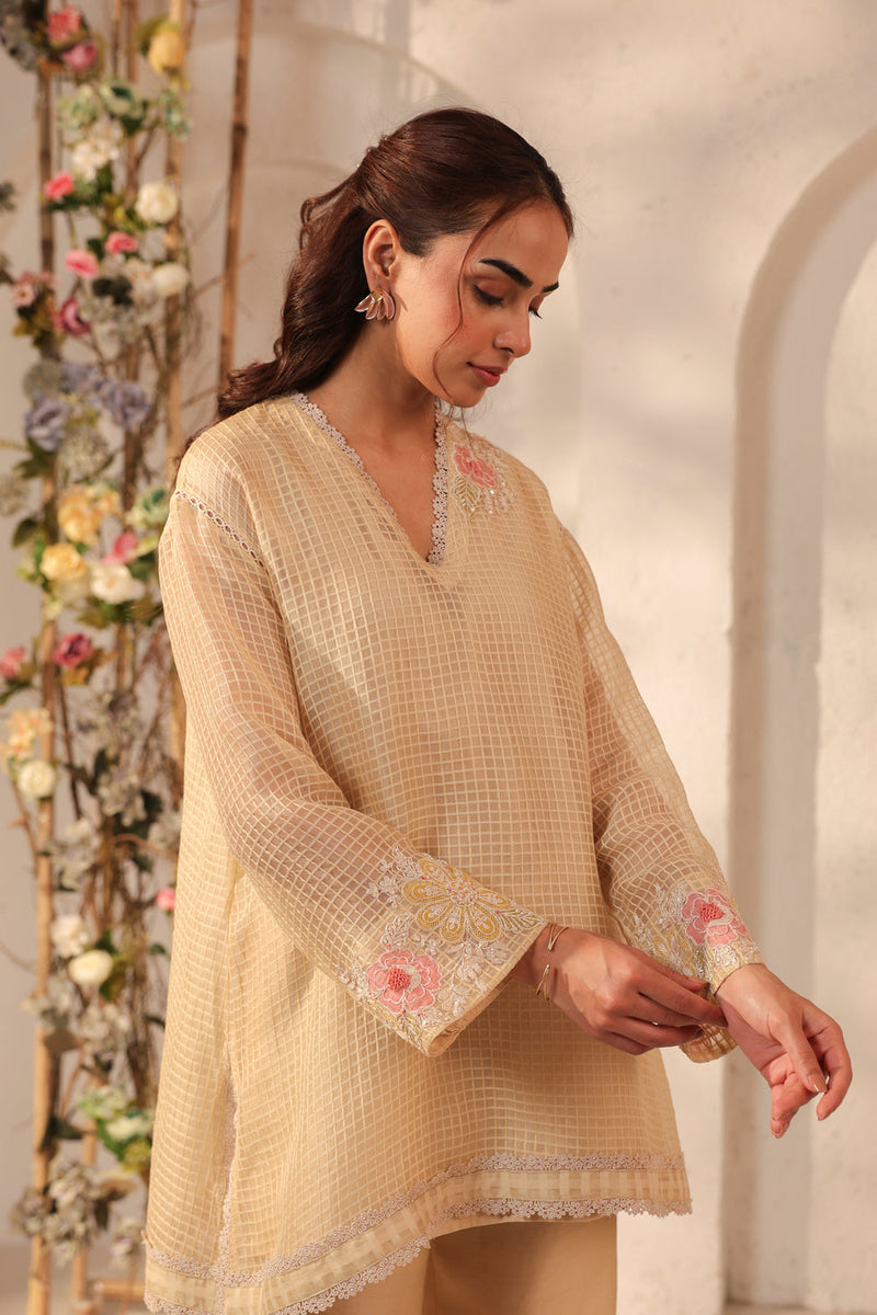 Vaayu Beige Applique Co-ord Set silk chanderi , silk tencel kurta/kurta set by Niti Bothra in beige for women in Singapore