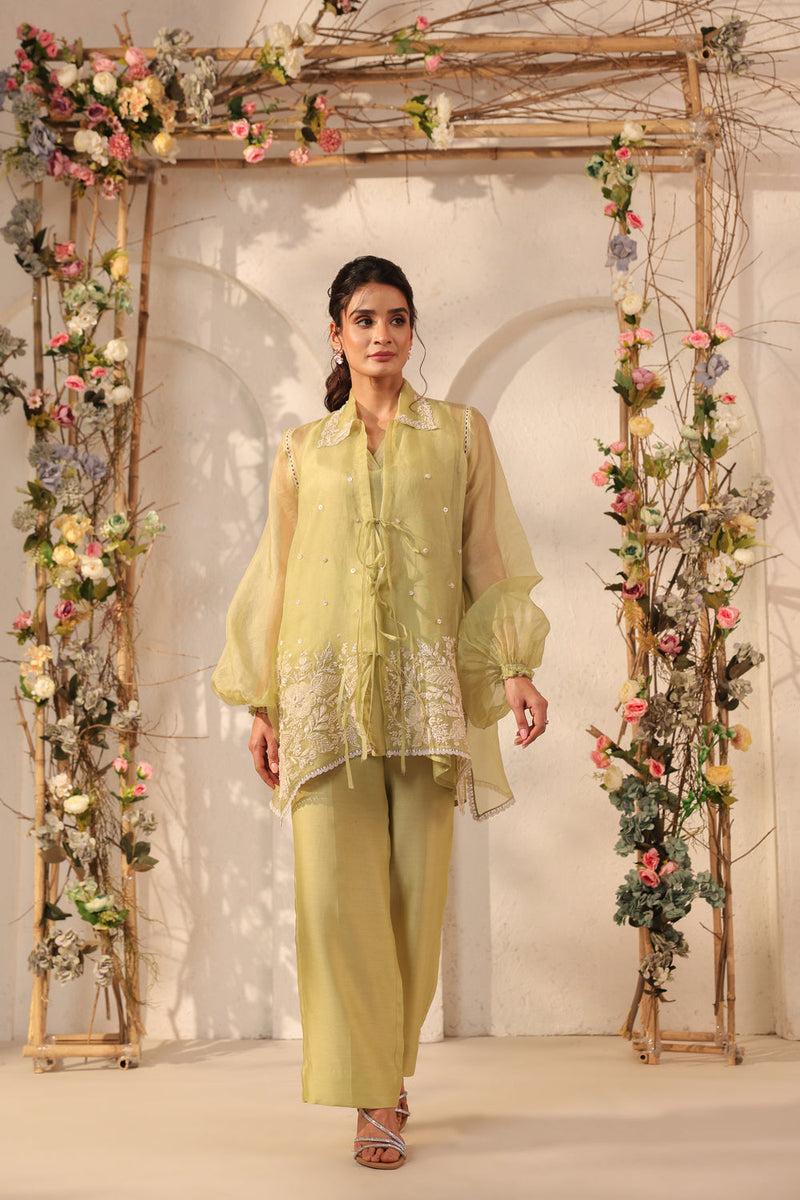 Vaayu Green Jacket Co-ord Set organza , silk tencel kurta/kurta set by Niti Bothra in green for women in Singapore