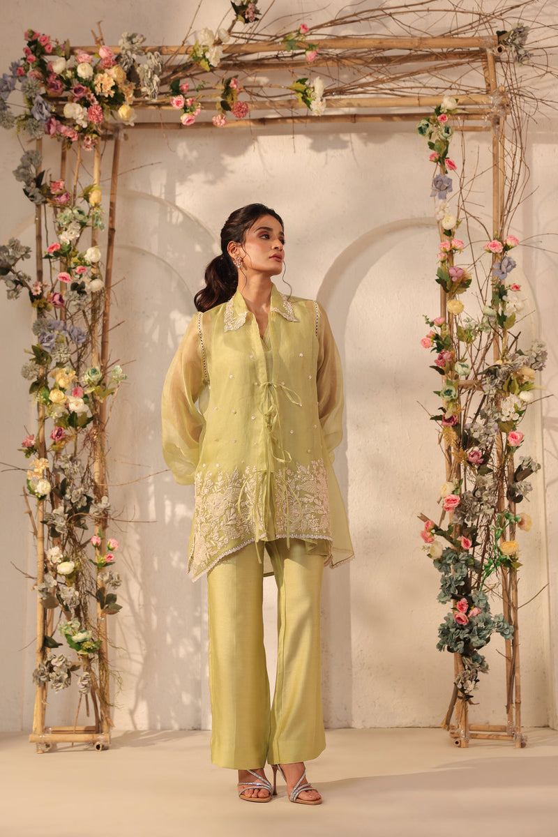 Vaayu Green Jacket Co-ord Set organza , silk tencel kurta/kurta set by Niti Bothra in green for women in Singapore