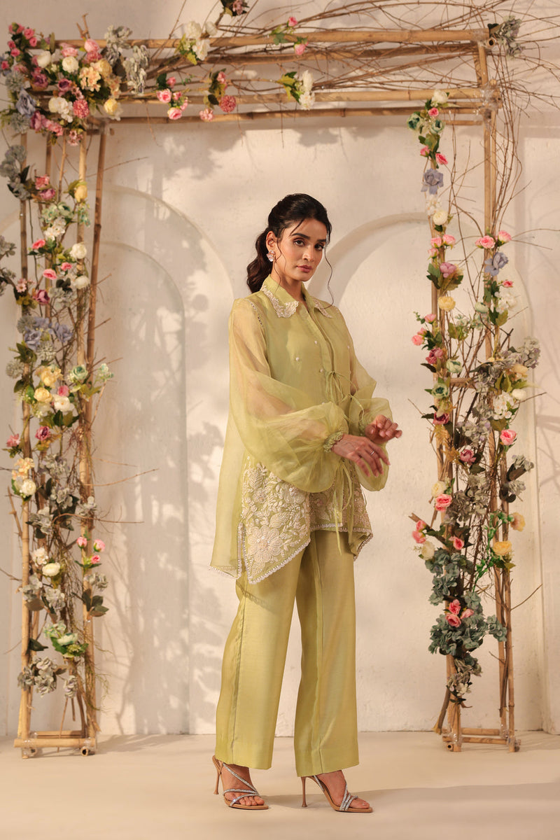 Vaayu Green Jacket Co-ord Set organza , silk tencel kurta/kurta set by Niti Bothra in green for women in Singapore