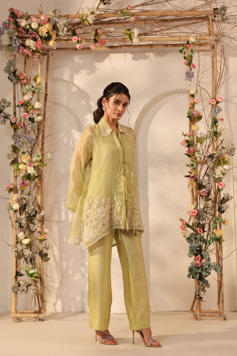 Vaayu Green Jacket Co-ord Set organza , silk tencel kurta/kurta set by Niti Bothra in green for women in Singapore