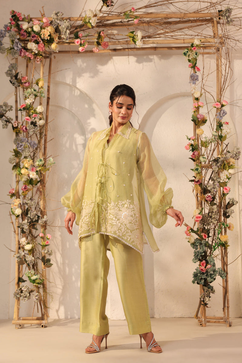Vaayu Green Jacket Co-ord Set organza , silk tencel kurta/kurta set by Niti Bothra in green for women in Singapore