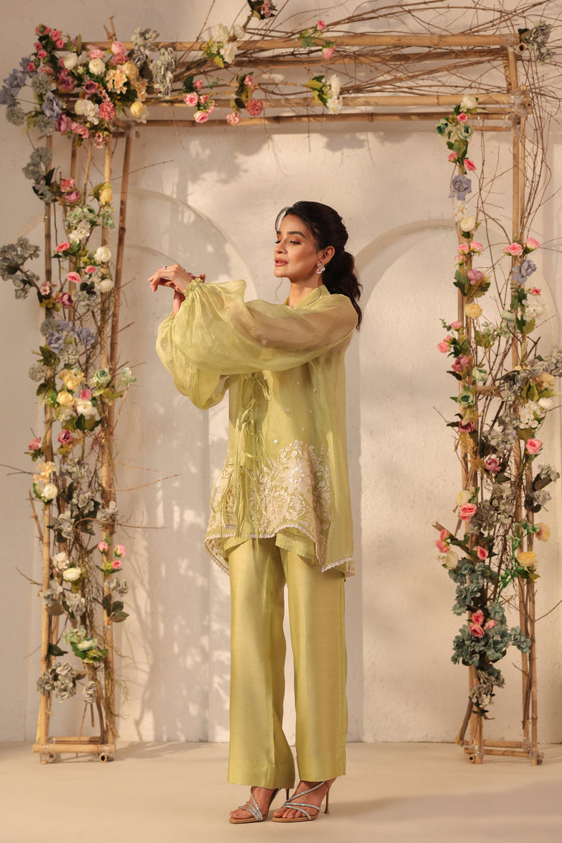 Vaayu Green Jacket Co-ord Set organza , silk tencel kurta/kurta set by Niti Bothra in green for women in Singapore