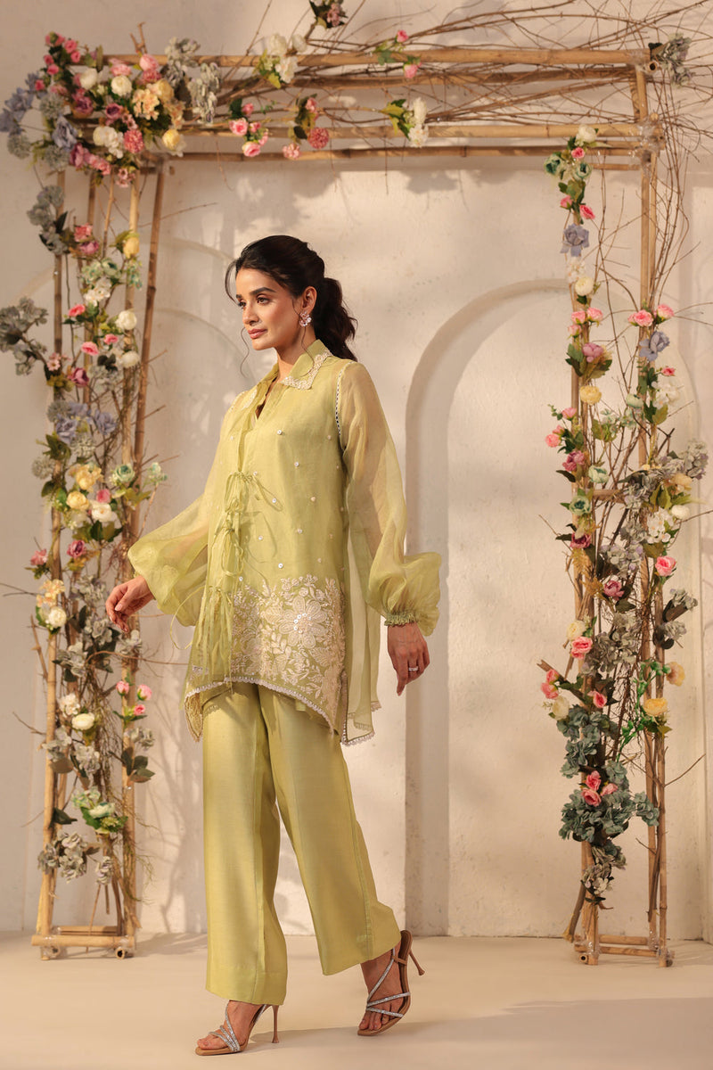 Vaayu Green Jacket Co-ord Set organza , silk tencel kurta/kurta set by Niti Bothra in green for women in Singapore