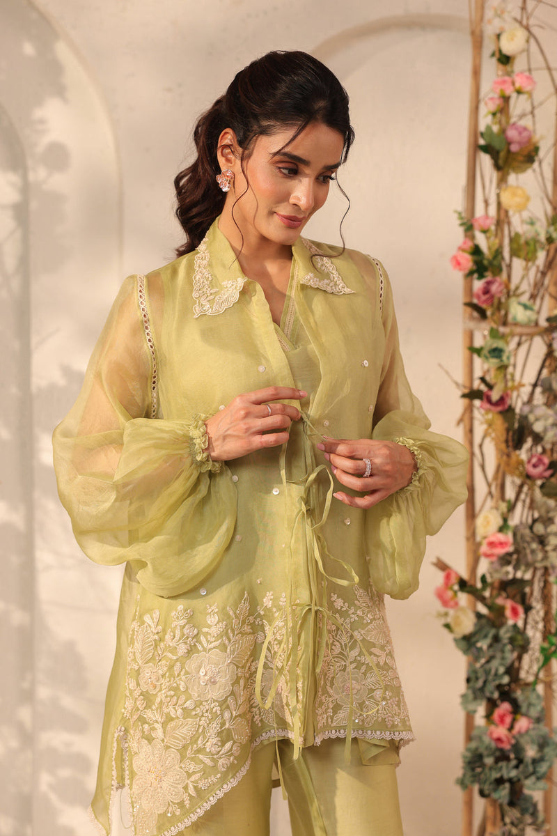 Vaayu Green Jacket Co-ord Set organza , silk tencel kurta/kurta set by Niti Bothra in green for women in Singapore