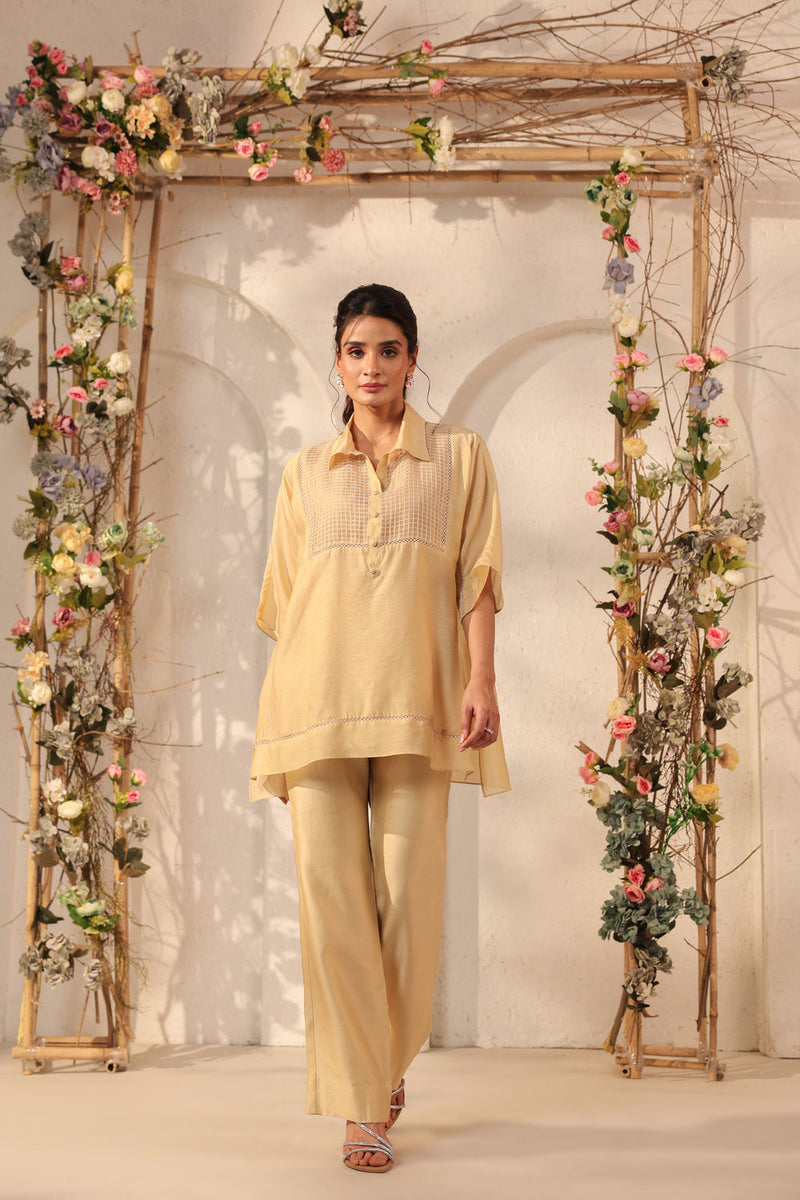 Vaayu Beige Collar Co-ord Set silk tencel kurta/kurta set by Niti Bothra in beige for women in Singapore