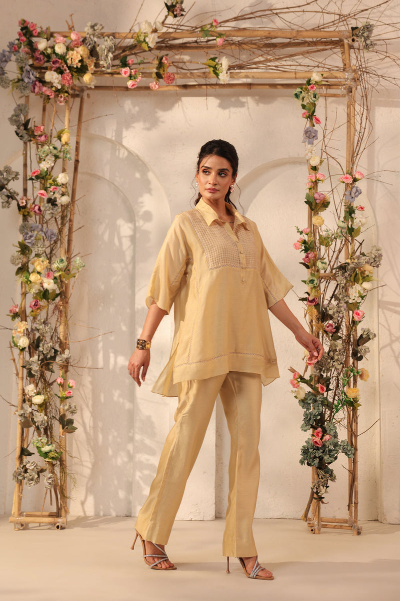 Vaayu Beige Collar Co-ord Set silk tencel kurta/kurta set by Niti Bothra in beige for women in Singapore