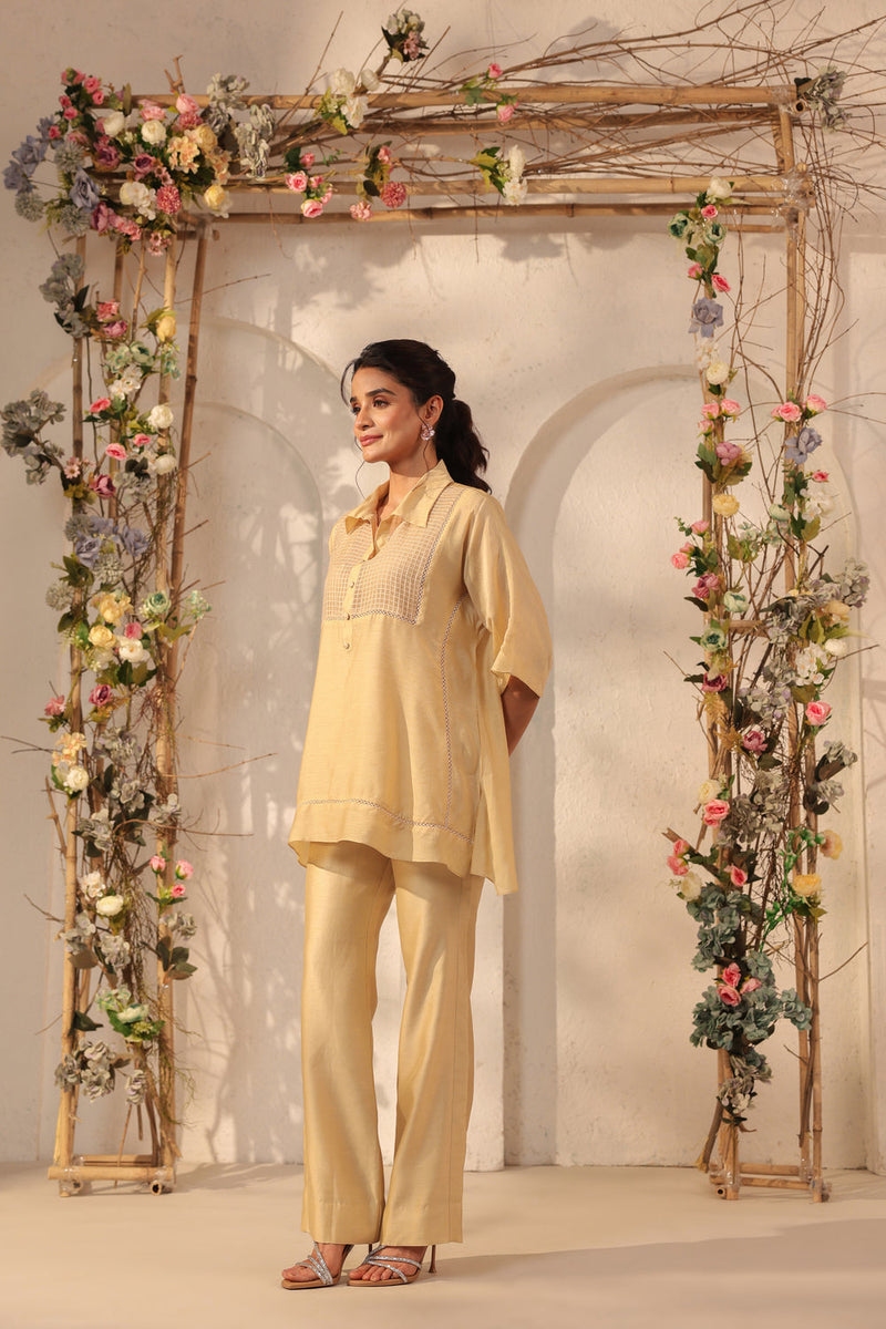Vaayu Beige Collar Co-ord Set silk tencel kurta/kurta set by Niti Bothra in beige for women in Singapore