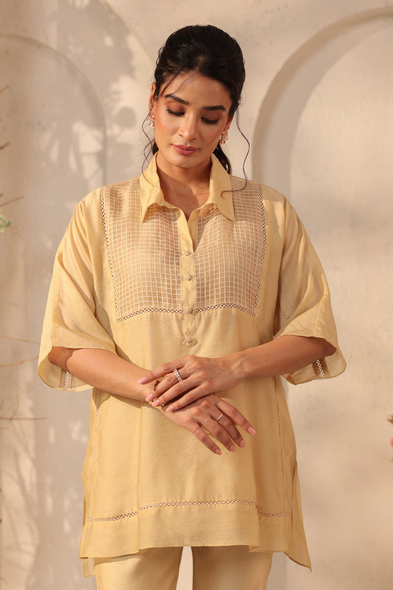 Vaayu Beige Collar Co-ord Set silk tencel kurta/kurta set by Niti Bothra in beige for women in Singapore