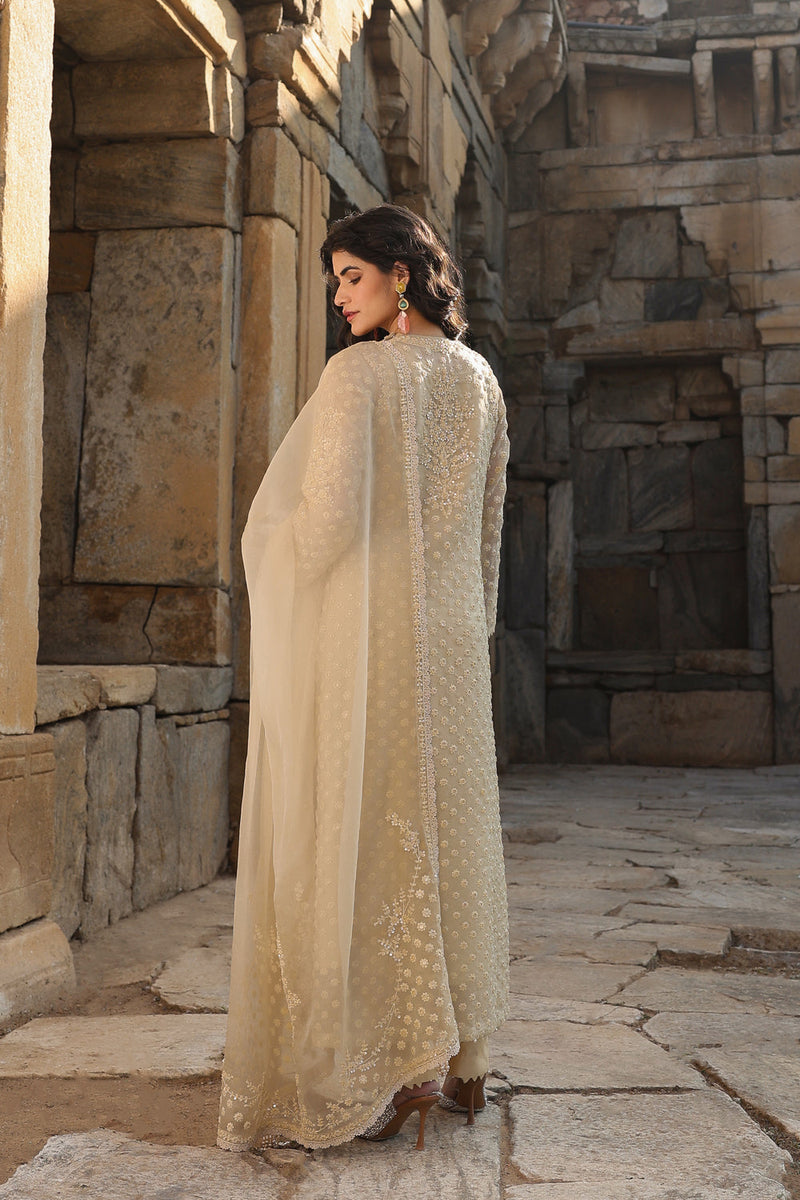 Vaayu Beige Buti Close Neck Kurta Set organza , silk tencel kurta/kurta set by Niti Bothra in beige for women in Singapore