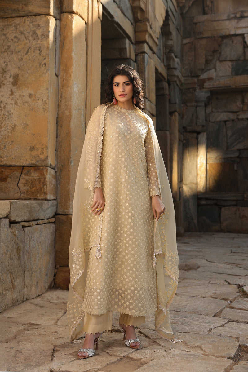 Vaayu Beige Buti Close Neck Kurta Set organza , silk tencel kurta/kurta set by Niti Bothra in beige for women in Singapore