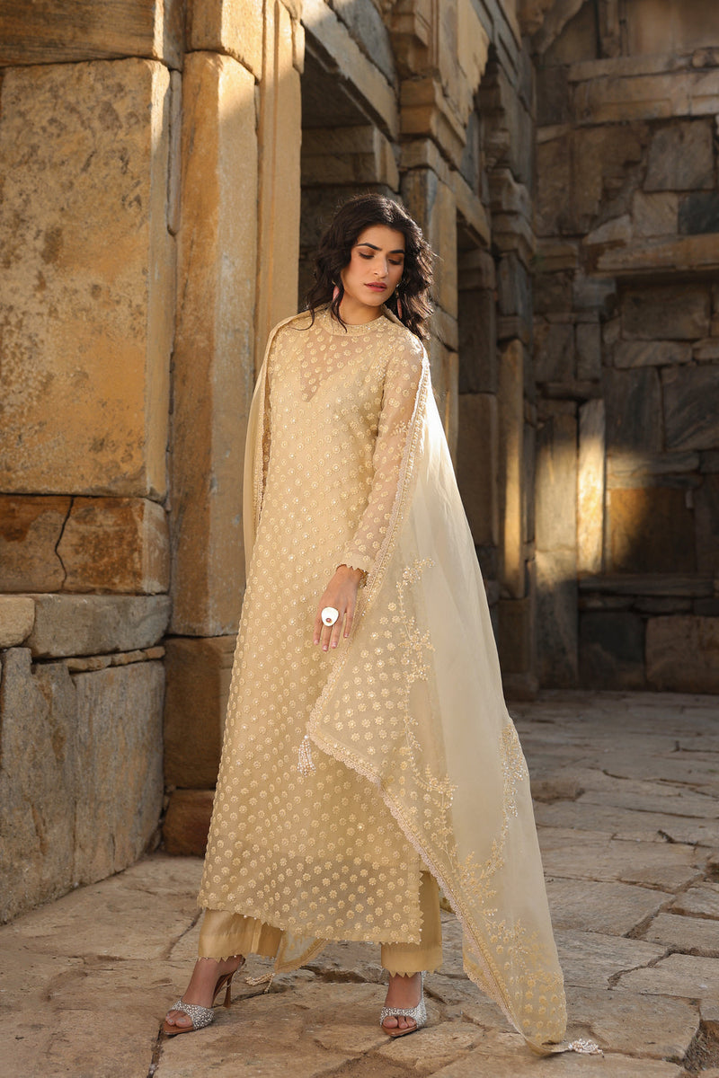 Vaayu Beige Buti Close Neck Kurta Set organza , silk tencel kurta/kurta set by Niti Bothra in beige for women in Singapore