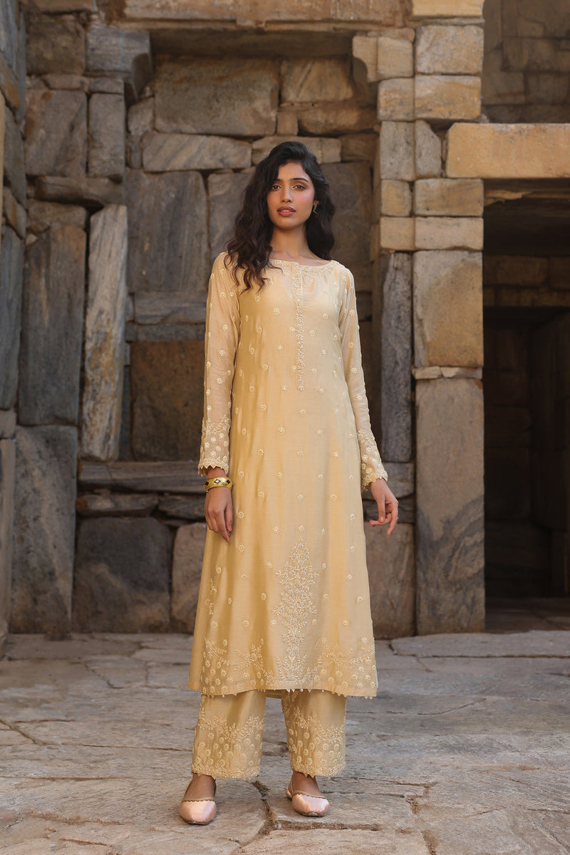 Vaayu Beige Light Buti Kurta Set silk modal kurta/kurta set by Niti Bothra in beige for women in Singapore