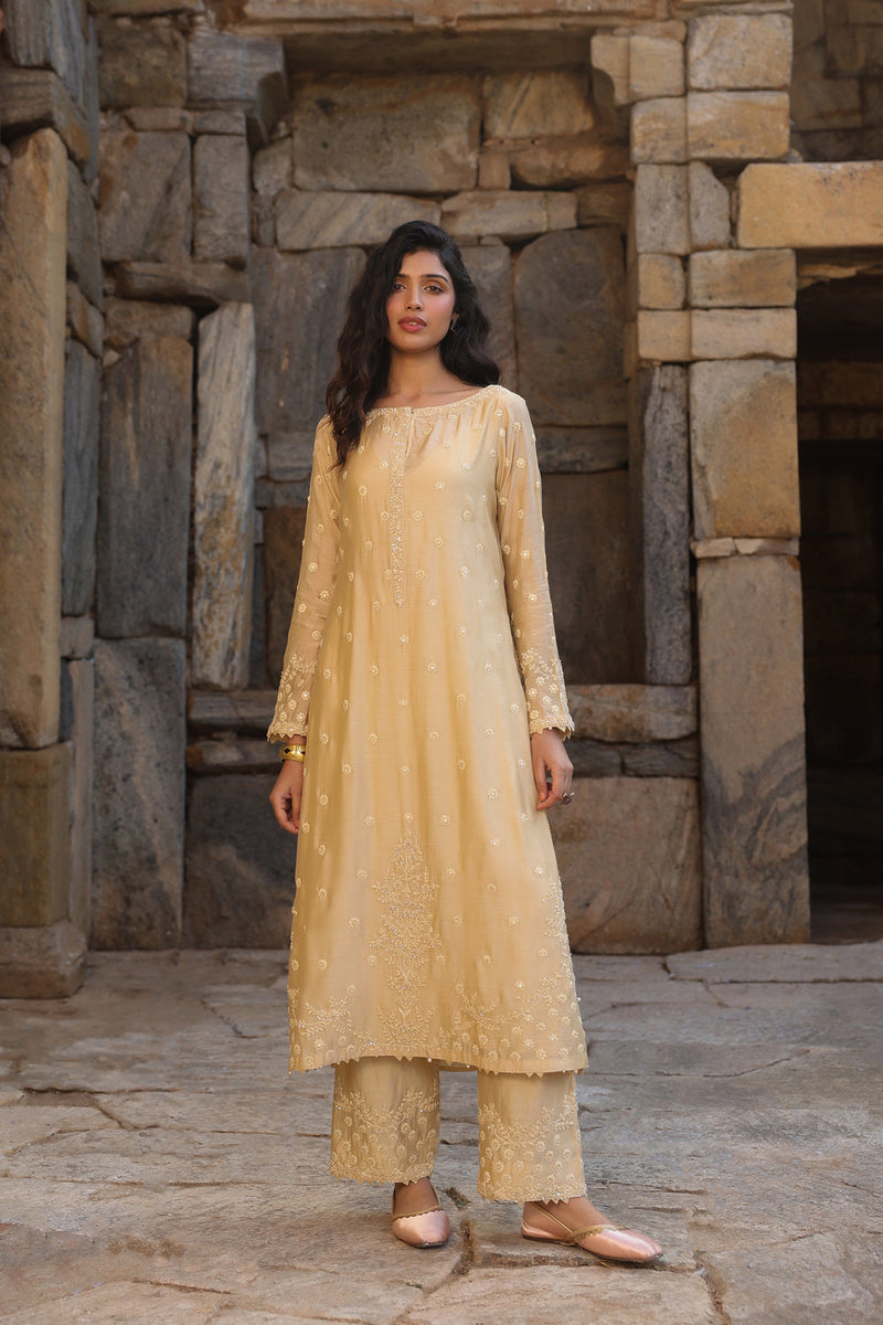Vaayu Beige Light Buti Kurta Set silk modal kurta/kurta set by Niti Bothra in beige for women in Singapore