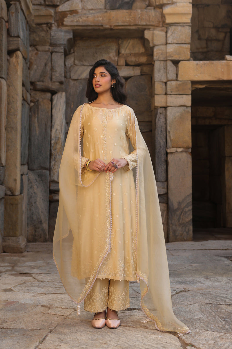 Vaayu Beige Light Buti Kurta Set silk modal kurta/kurta set by Niti Bothra in beige for women in Singapore