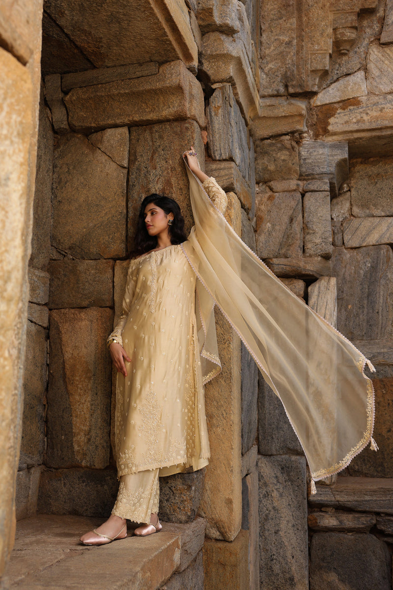 Vaayu Beige Light Buti Kurta Set silk modal kurta/kurta set by Niti Bothra in beige for women in Singapore