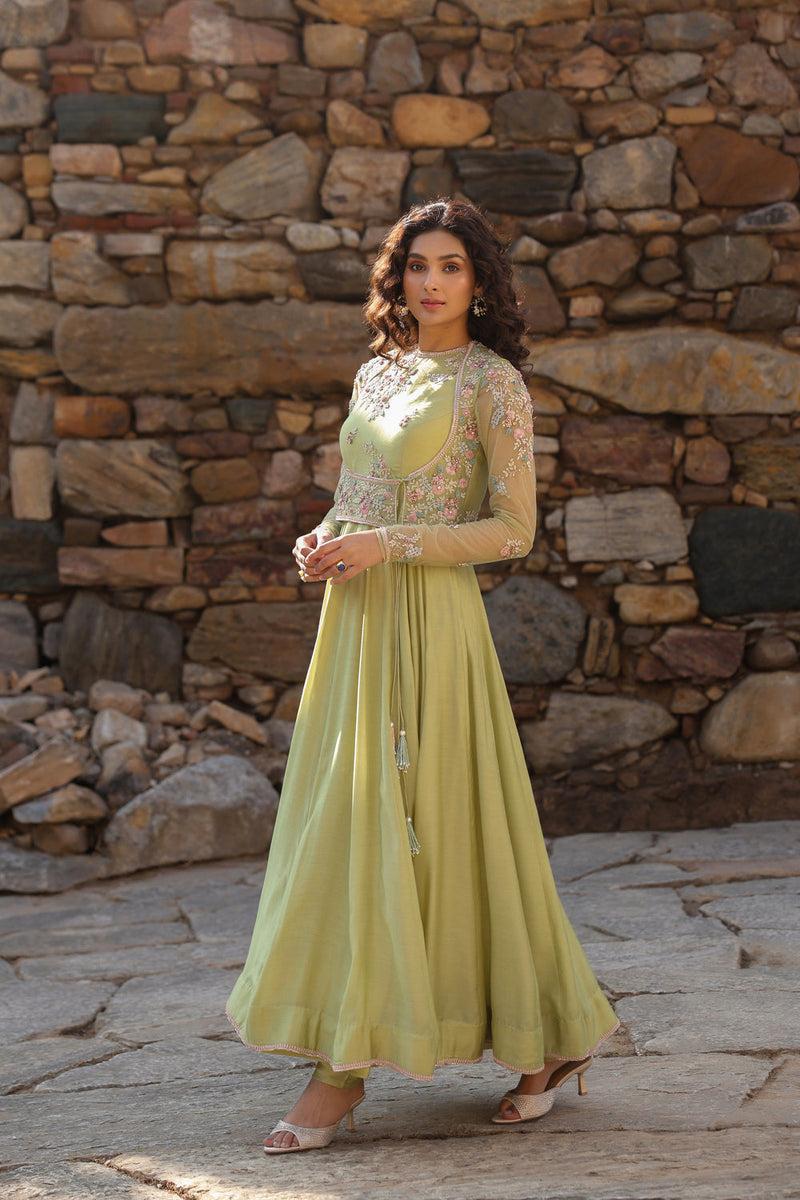 Vaayu Green Koti Anarkali Set silk modal kurta/kurta set by Niti Bothra in green for women in Singapore