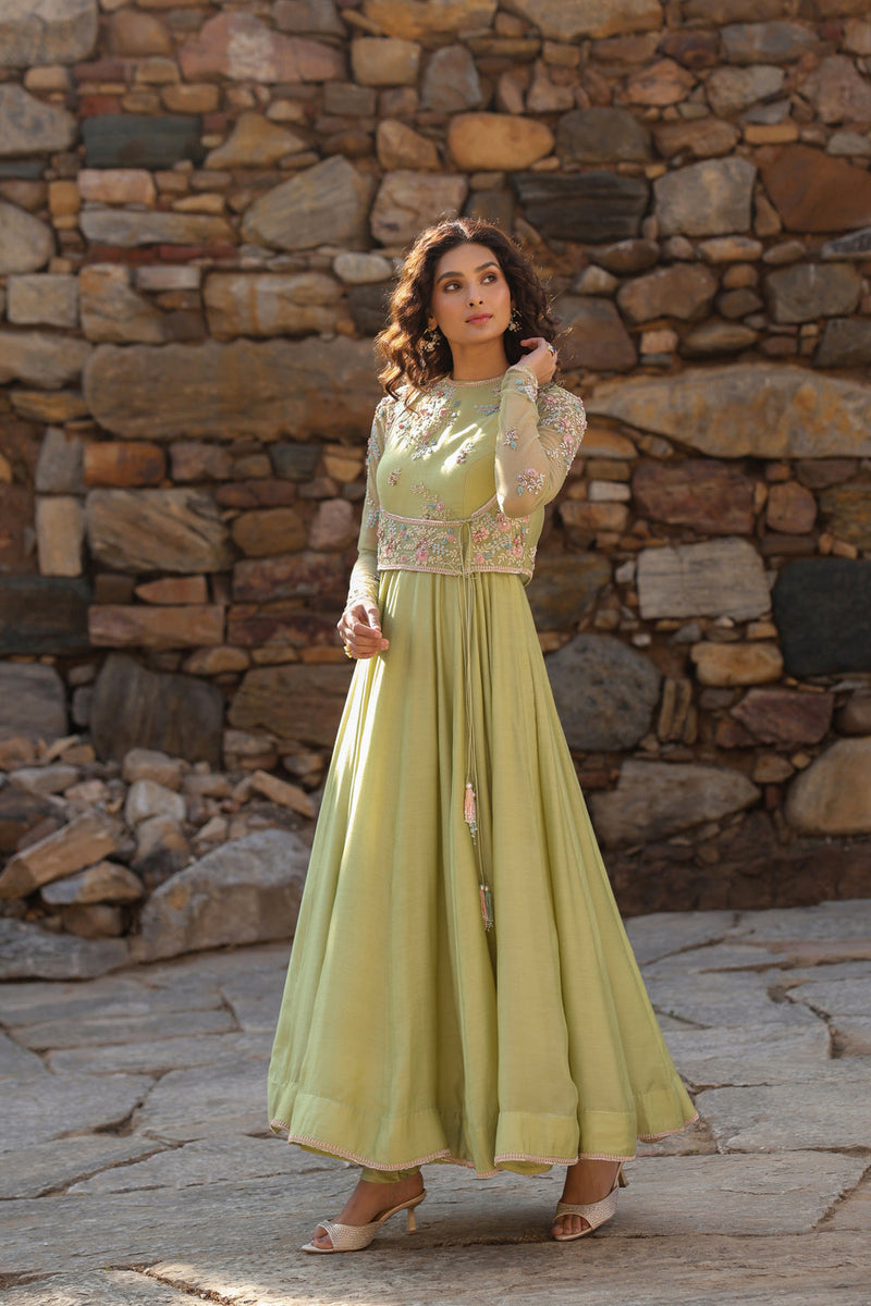 Vaayu Green Koti Anarkali Set silk modal kurta/kurta set by Niti Bothra in green for women in Singapore