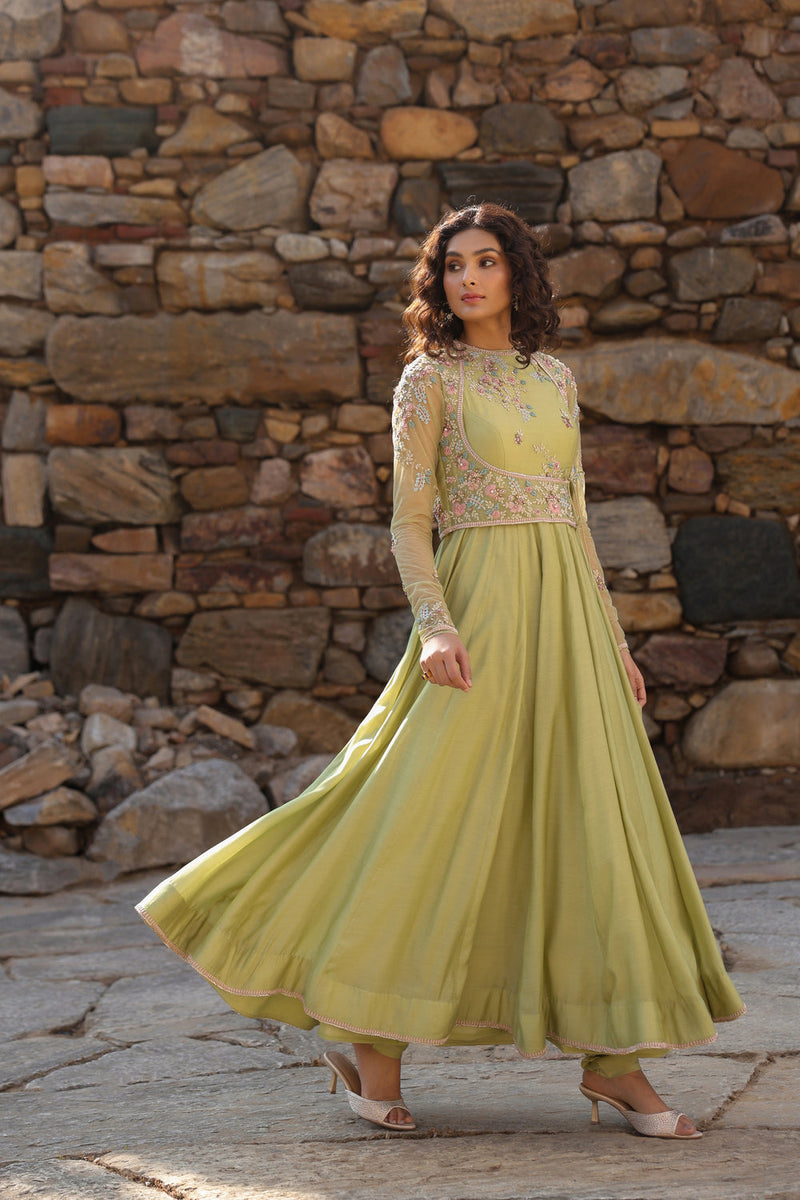 Vaayu Green Koti Anarkali Set silk modal kurta/kurta set by Niti Bothra in green for women in Singapore