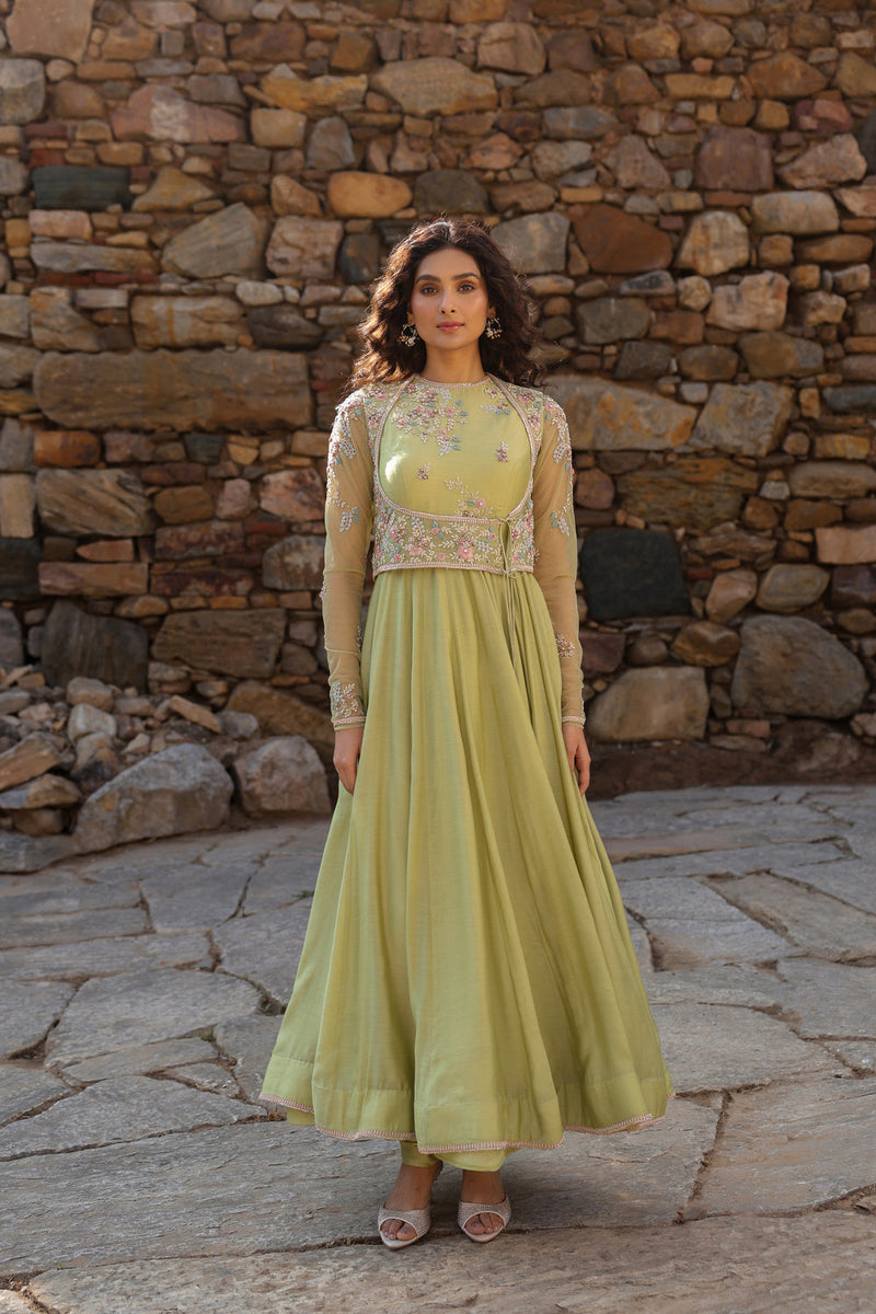Vaayu Green Koti Anarkali Set silk modal kurta/kurta set by Niti Bothra in green for women in Singapore