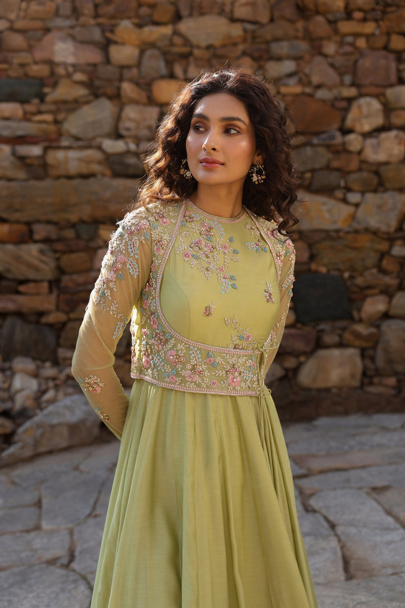 Vaayu Green Koti Anarkali Set silk modal kurta/kurta set by Niti Bothra in green for women in Singapore