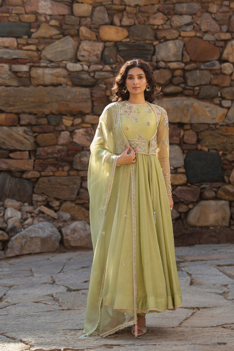 Vaayu Green Koti Anarkali Set silk modal kurta/kurta set by Niti Bothra in green for women in Singapore