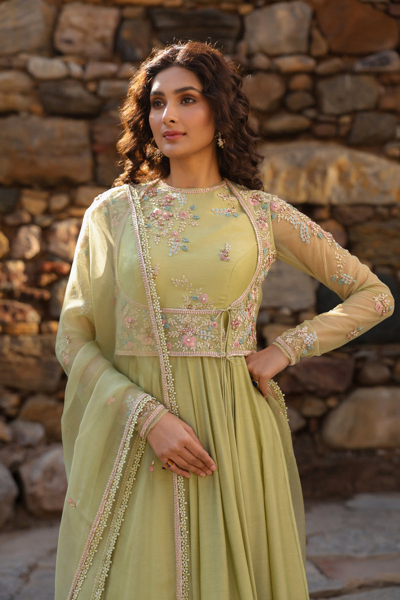 Vaayu Green Koti Anarkali Set silk modal kurta/kurta set by Niti Bothra in green for women in Singapore