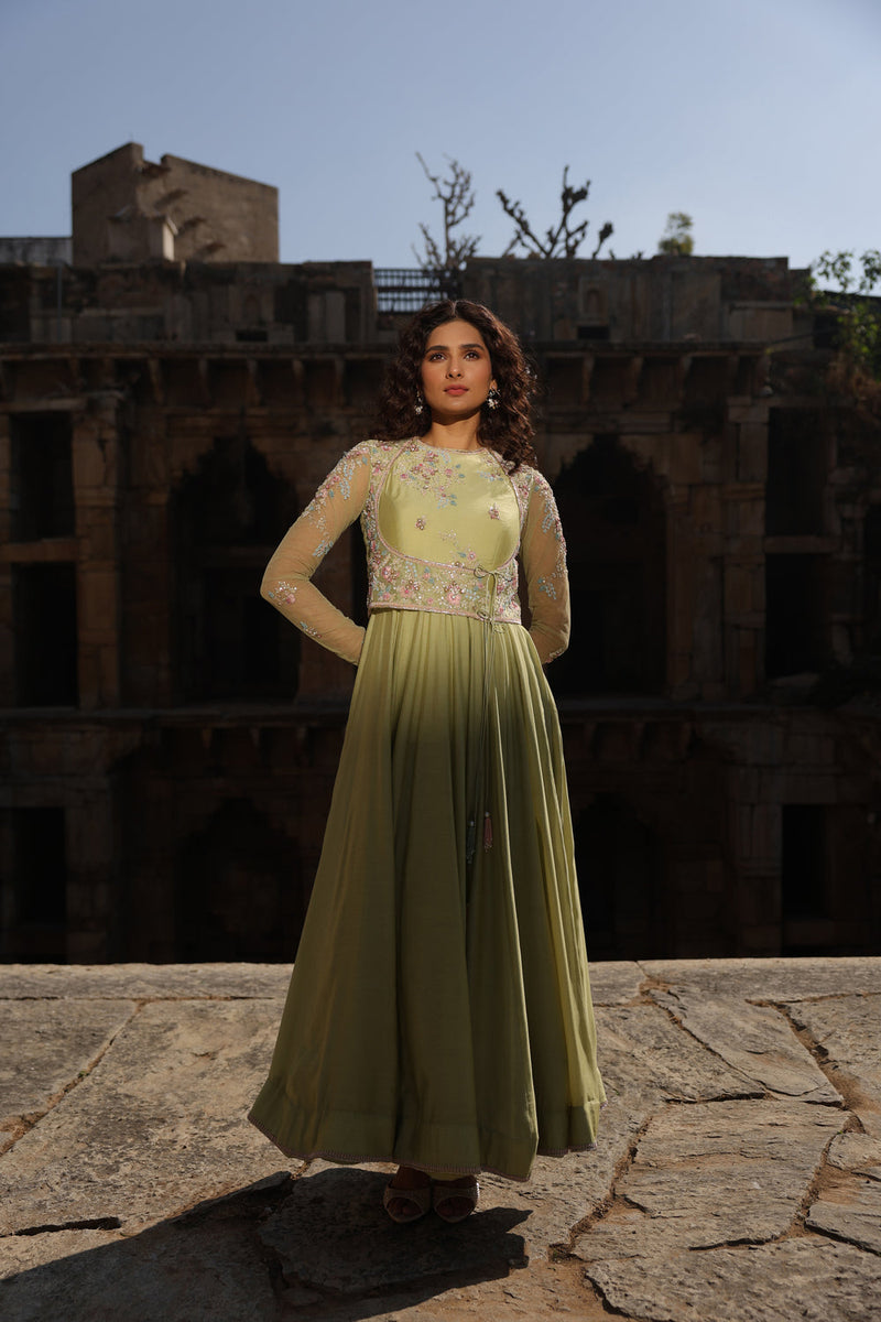 Vaayu Green Koti Anarkali Set silk modal kurta/kurta set by Niti Bothra in green for women in Singapore
