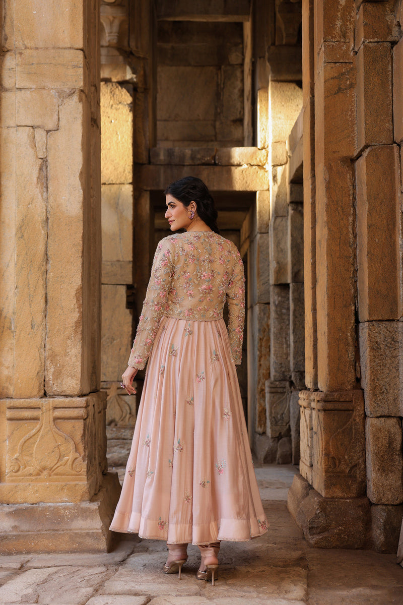Vaayu Light Pink Heavy Koti Anarkali Set silk modal kurta/kurta set by Niti Bothra in light pink for women in Singapore