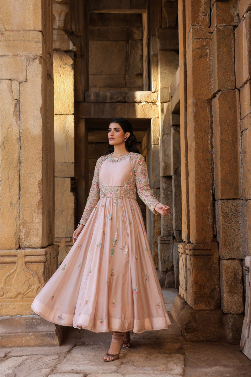 Vaayu Light Pink Heavy Koti Anarkali Set silk modal kurta/kurta set by Niti Bothra in light pink for women in Singapore