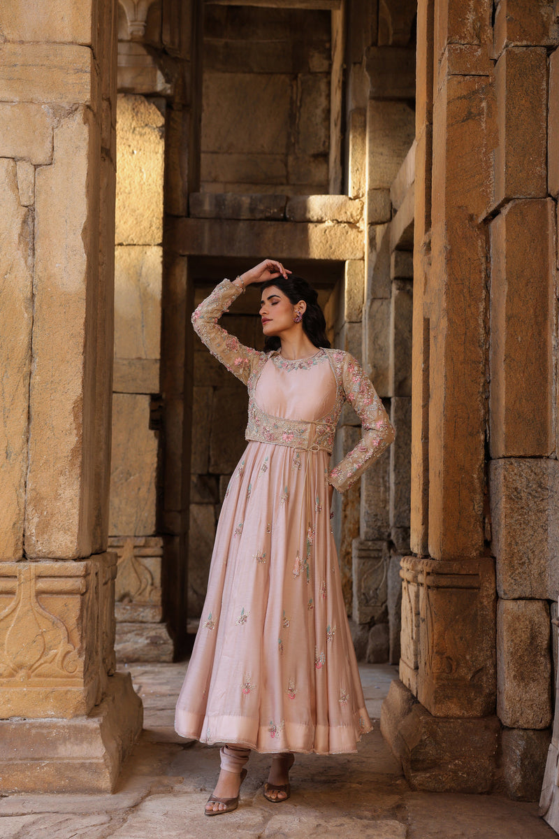 Vaayu Light Pink Heavy Koti Anarkali Set silk modal kurta/kurta set by Niti Bothra in light pink for women in Singapore