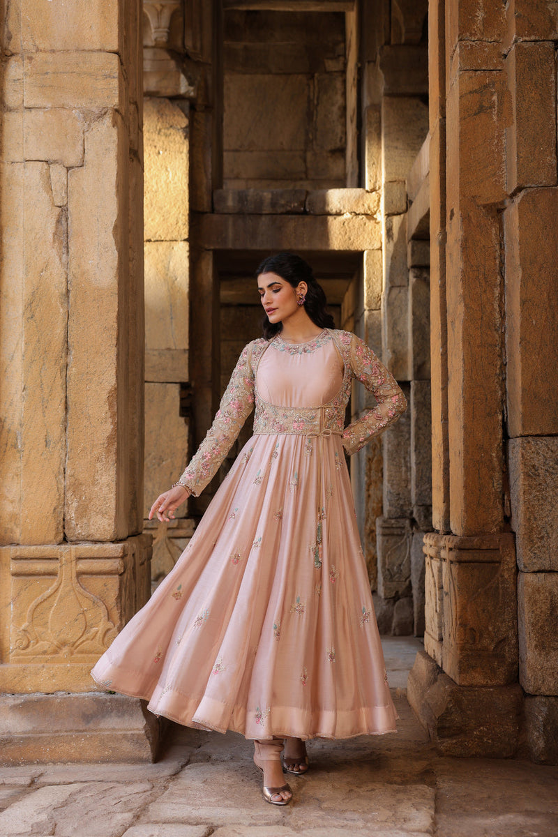 Vaayu Light Pink Heavy Koti Anarkali Set silk modal kurta/kurta set by Niti Bothra in light pink for women in Singapore