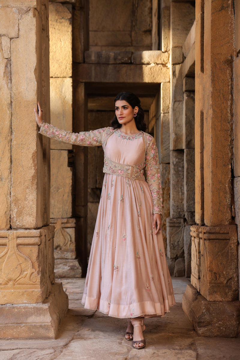Vaayu Light Pink Heavy Koti Anarkali Set silk modal kurta/kurta set by Niti Bothra in light pink for women in Singapore