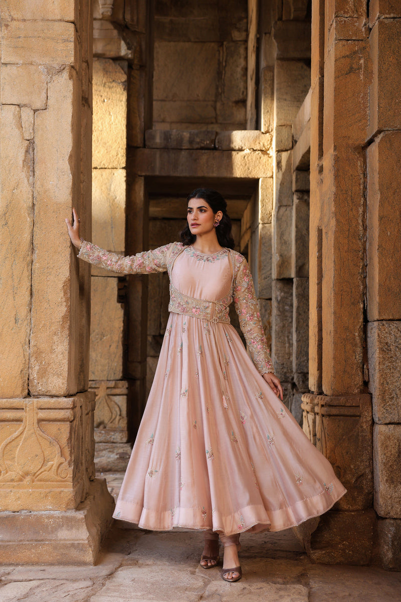 Vaayu Light Pink Heavy Koti Anarkali Set silk modal kurta/kurta set by Niti Bothra in light pink for women in Singapore