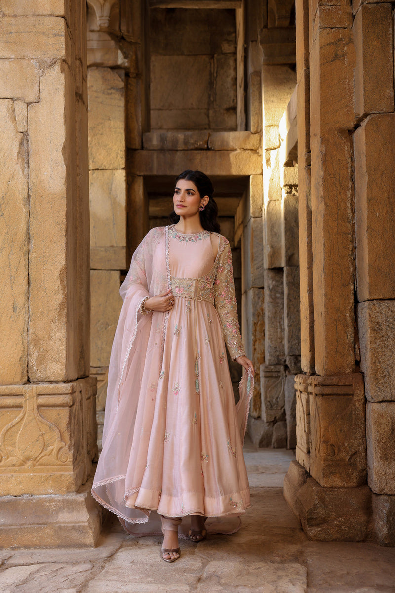 Vaayu Light Pink Heavy Koti Anarkali Set silk modal kurta/kurta set by Niti Bothra in light pink for women in Singapore