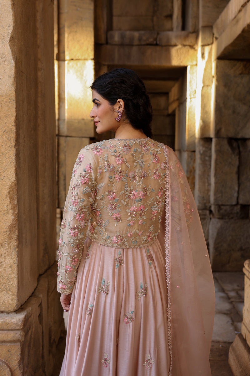Vaayu Light Pink Heavy Koti Anarkali Set silk modal kurta/kurta set by Niti Bothra in light pink for women in Singapore