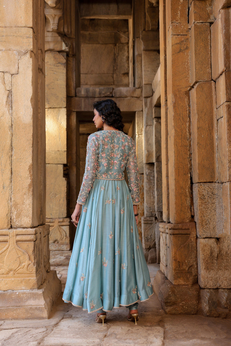 Vaayu Light Blue Heavy Koti Anarkali Set silk modal kurta/kurta set by Niti Bothra in light blue for women in Singapore