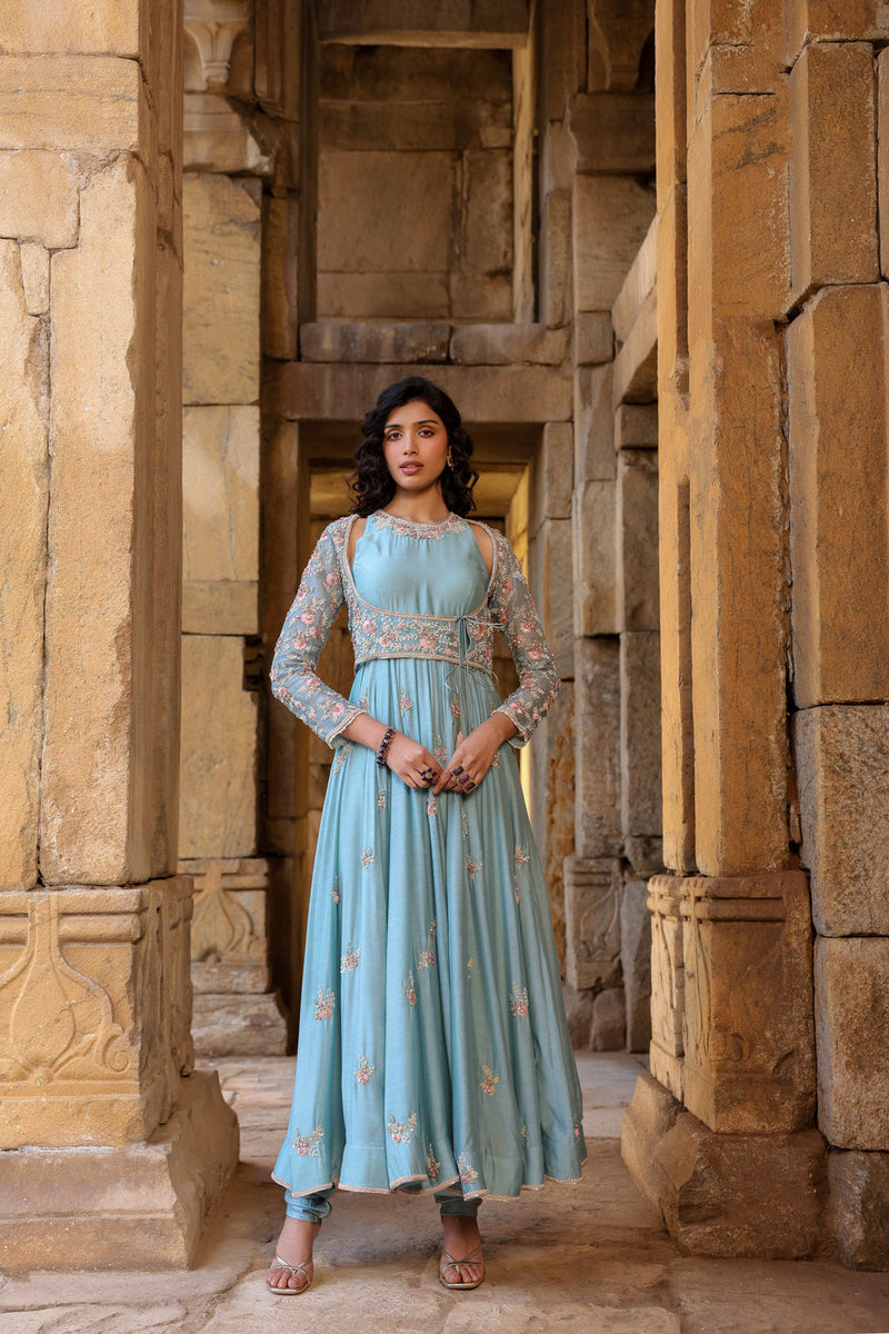 Vaayu Light Blue Heavy Koti Anarkali Set silk modal kurta/kurta set by Niti Bothra in light blue for women in Singapore