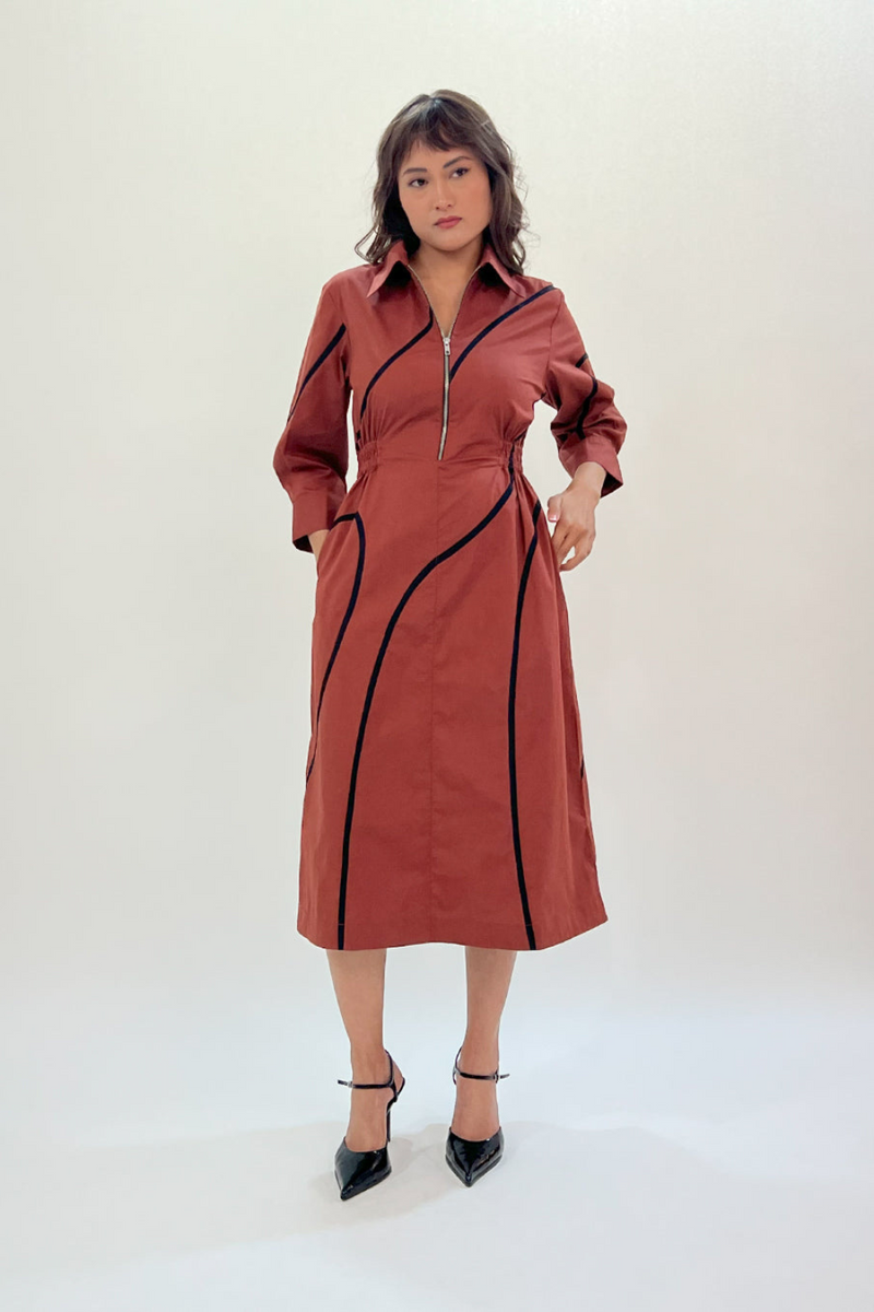 Yara tape dress-Brown & Black 100% cotton Buy Yara tape dress-Brown & Black from C&W | Dresses for Women by Leh Studios in brown color for women in Singapore