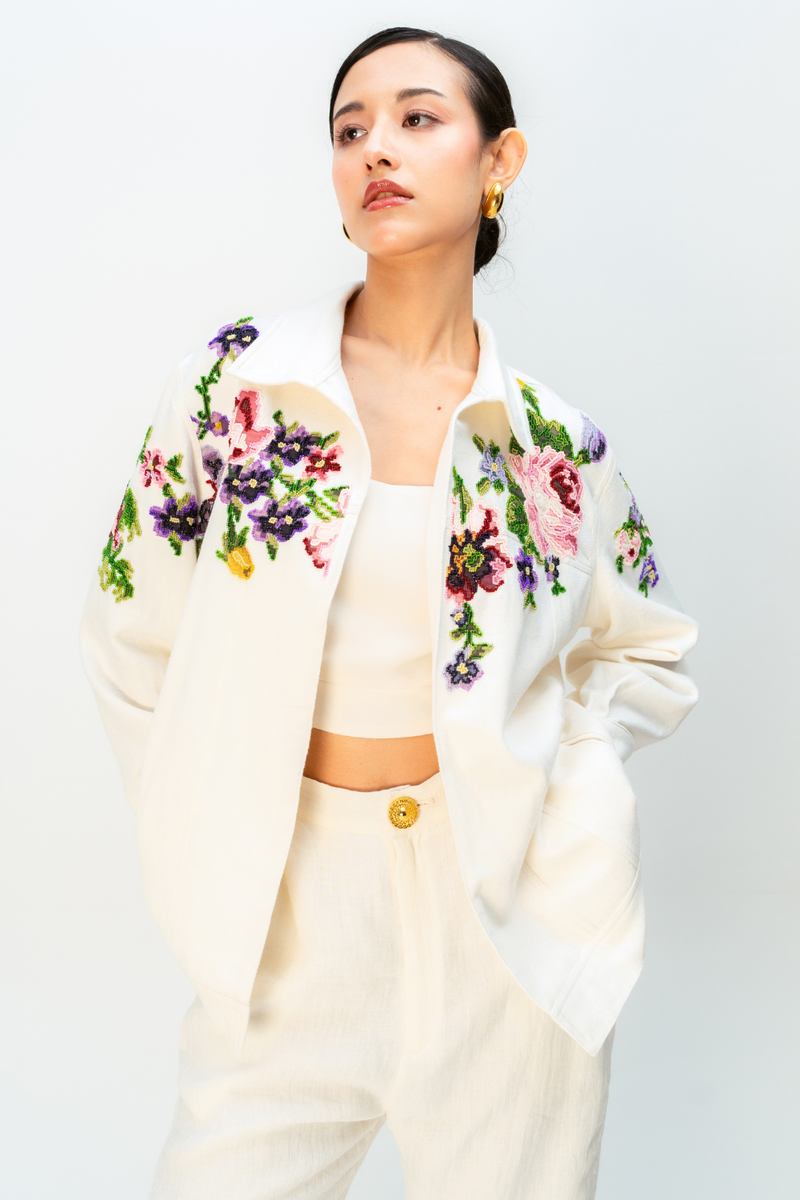 TINTS OF YOU JACKET handwoven denim jacket/overlay by Ode to Odd in off white for women in Singapore